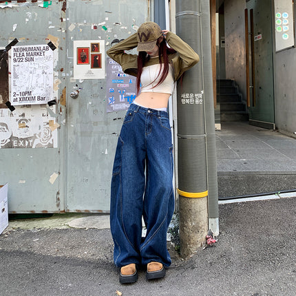 Vintage dark blue High Street Loose Fashion Machete Pants Women's Spring Design Sense Big Pocket Wide Leg Jeans Mop Pants