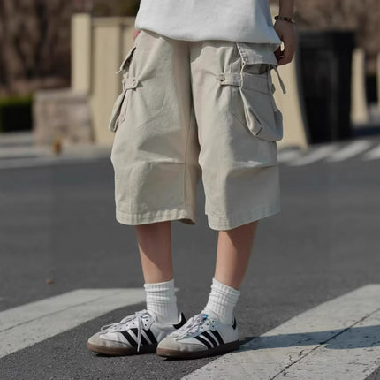 American Retro Multi-Pocket Cargo Cropped Pants Summer New Trendy Men's Loose Straight Cleanfit Over-The-Knee Shorts