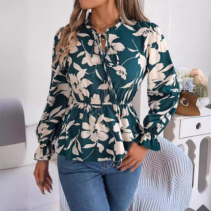 Real Shot of the 2026 Spring/Summer New Casual Floral Lace-Up Long-Sleeve Chiffon Blouse Amazon Cross-Border Women's Clothing