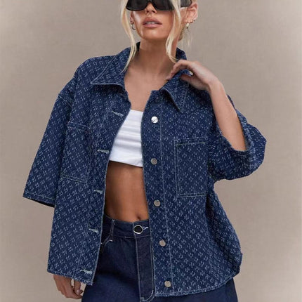 European and American Cross-Border 2025 New High-Waisted Hook Pattern Denim Shorts for Women Summer Hottie Loose Straight Wide-Leg Jeans for Women