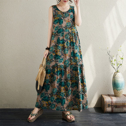 Simple Artistic Pastoral Style 2024 Summer New Loose Slimming Bohemian Foreign Trade Short-sleeved dress Women
