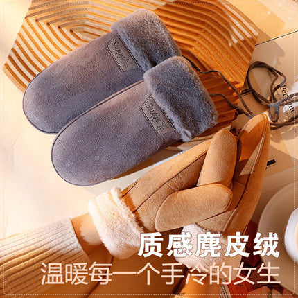 2024 New Warm Suede Gloves fleece-lined Thickened Cold-proof Gloves Student Riding Windproof Bag Finger