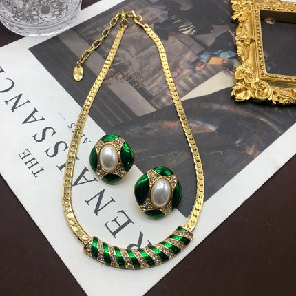 Artistic Retro Green Enamel Glaze Plated Real Gold Copper Chain Necklace Pearl Diamond Earrings Elegant Set
