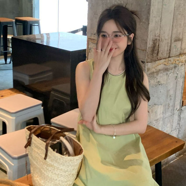 Korean Style Slimming Fresh Green Vest Dress Women's Summer 2025 New Mid-Length Casual Loose Skirt