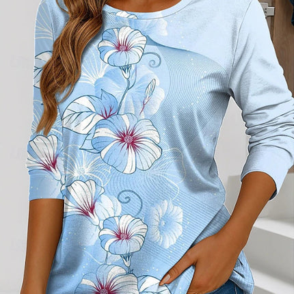 Cross-Border European and American 2025 New Autum Amazon Long-Sleeved Round Neck Casual Fashion Printed Pullover Tops for Women