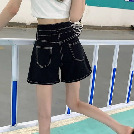 2025 New Black Hole Denim Shorts Women's Summer Students Loose Straight Scrub High Waist Slim A- Shed Hot Pants