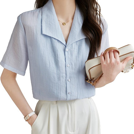 Light Blue Sky Silk Short Sleeve Shirt Women's Texture Pattern 2025 Summer New Loose Casual Top