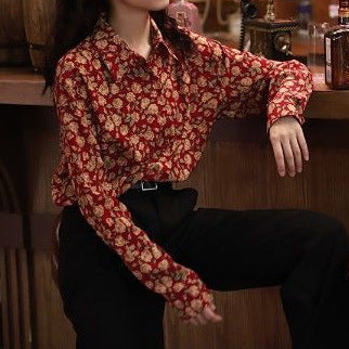 Top women's design sense niche light familiar shirt 2022 spring and autumn vintage printed green long sleeve mermaid Ji shirt fashion