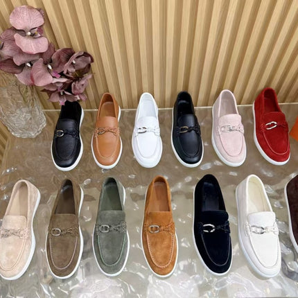 High-End Version of 2025 Autumn and Winter New Style Genuine Leather Metal Buckle Flats-Soled Men's and Women's Same Style Slip-On Lazy Loafers