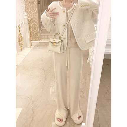 White knitted wide-leg pants for women autumn and winter slimming straight draping slightly flared loose lazy mop long pants trendy