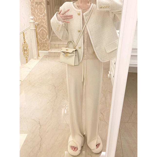 White knitted wide-leg pants for women autumn and winter slimming straight draping slightly flared loose lazy mop long pants trendy