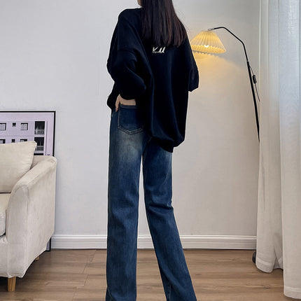 Narrow Wide-Leg Jeans for Women 2025 Autumn and Winter New Wide Elastic High-Waist Petite Draped Fleece-Lined Straight Floor-Length Pants