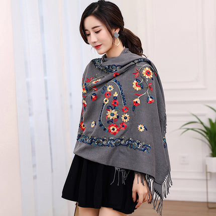 Ethnic Style Border Cashew Embroider Flower 300g Scarf Imitation Cashmere Gift Shawl Travel Cloak Warm Shawl