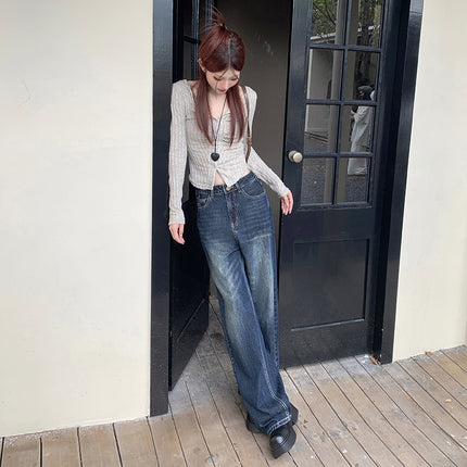American Style Retro Dark Wide Leg Jeans Women's Autumn and Winter New Loose All-match Slim-fit Mop Pants