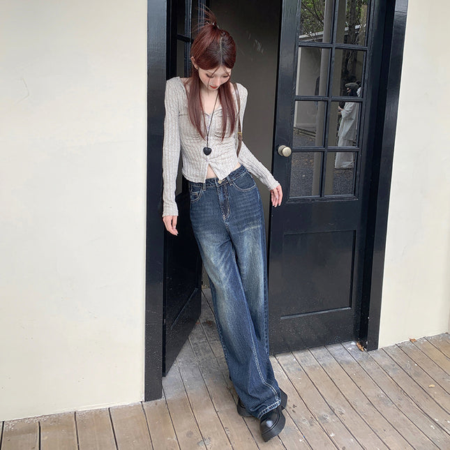 American Style Retro Dark Wide Leg Jeans Women's Autumn and Winter New Loose All-match Slim-fit Mop Pants