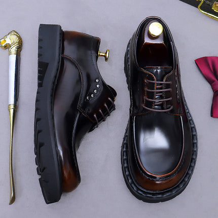Men's Genuine Leather Business Formal Loafers with Thick Soles, Breathable Derby Shoes with a Glossy Finish