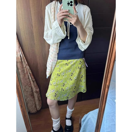 plus size chubby girl Designing Green Floral Lace-Up Skirt Women's Summer New Arrival Printed A- Line Short Skirt Medium Skirt