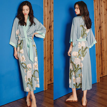 Yaoting New Style Satin Pajamas Women's Summer Large Size Light Luxury Seven-point Sleeve Cool Nightgown Bathrobe Home Clothes Women's WP2669