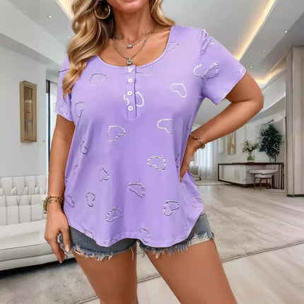 Europe and the United States cross-border 2025TEMUwish foreign trade women's round neck button love printing women's short sleeve loose T-shirt