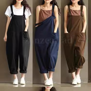 Factory direct supply of European and American plus size literature retro dark blue sanding cotton strap casual pants women 1701
