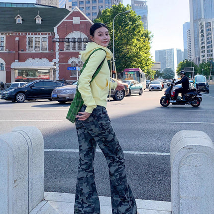 American-Style Low-Waist Retro Camouflage Sweet and Spicy Cargo Pants for Women with Back Pocket Design, Loose Straight-Leg Casual Pants Trendy