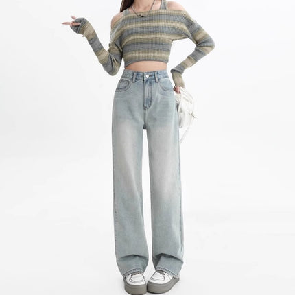 High Waist Retro Wide Leg Jeans Women's Trendy All-match New Printed Loose Slim-fit Straight Pants