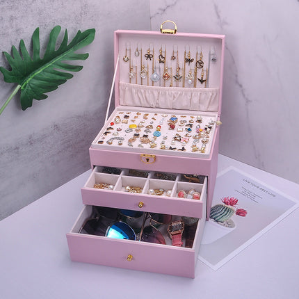 Internet Celebrity Three-layer Lock Leather Earrings Earrings Necklace Bracelet Ring Jewelry Large Capacity Wedding Jewelry Storage Box