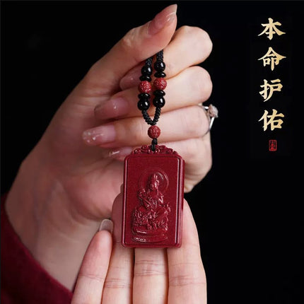 Natural raw ore cinnabar double-sided Buddha pendant twelve Zodiac men's and women's necklace portable pendant Manshu Bodhisattva