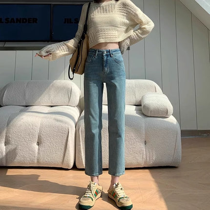 High Waist Slimming Straight Jeans Women's Autumn Thin New Arrival Casual All-match Design Nine-point French Stick Pipe Pants