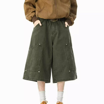 2025 New American Workwear Shorts Men's Summer Couple Versatile Loose Military Green Casual Straight Cropped Pants