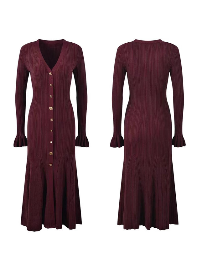Cross-Border European and American Autumn and Winter New Style French Socialite Light Luxury Fine Glitter V-Neck Long-Sleeve Waist-Cinching Slimming Knit Dress