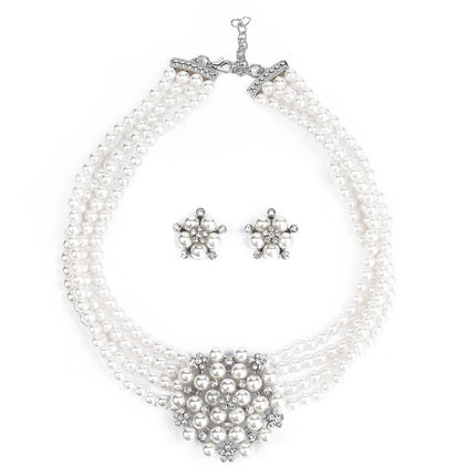 Cross-border Jewelry suit Women's Multi-row Pearl Necklace Earrings Three-piece Bridal Wedding Dress Accessories All-match Factory