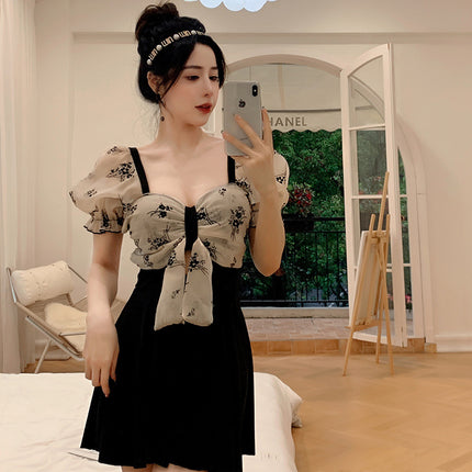 New Arrival Swimsuit Women's Pure Desire Retro Dress Belly-Covering Slimming Floral Bow Girl's Holiday Swimsuit