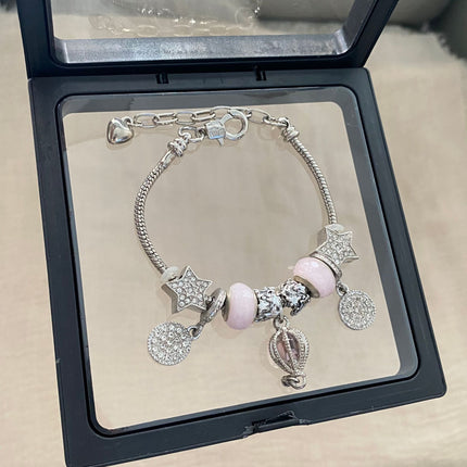 Korean Style Mori Pink Glass Bead Bracelet for Women, Niche Light Luxury Retro Hot Air Balloon Pendant DIY Bracelet