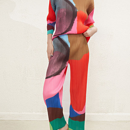 Pleated Elegant Suit for Women Miyake Print Japanese Loose Top High Waist Elastic Wide Leg Straight Pants Two-Piece Set