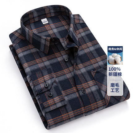 2025 Autumn New Men's Casual Fashion Brushed Plaid Long Sleeve Ready Stock No-Iron Casual Middle-Aged Tops Men's Clothing