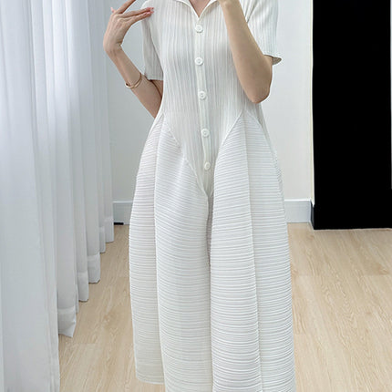 Foreign trade high-end Sanzhai casual elegant gentle simple solid color pleated flower buds dress women's summer New