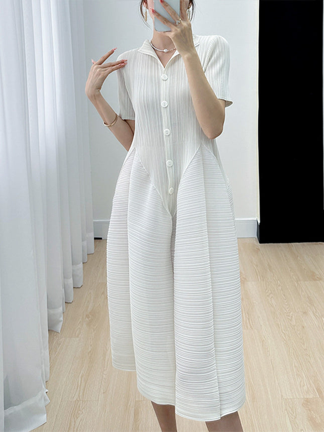 Foreign trade high-end Sanzhai casual elegant gentle simple solid color pleated flower buds dress women's summer New