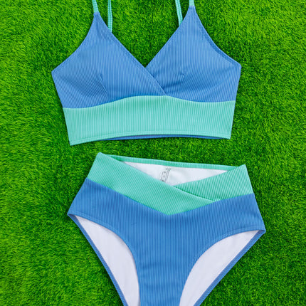 2025 New European and American Cross-Border Bikini Pit Strip Color Matching High Waist Sexy Split Swimsuit Bikini Women's Swimsuit