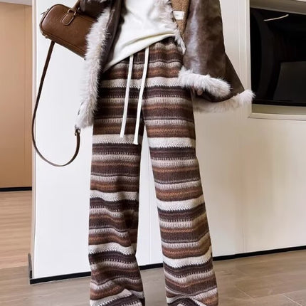 American Stripesd Wide-Leg Pants for Women in Autumn and Winter, Retro Ethnic Style Straight-Leg Glutinous Rice Pants for Girls, High-Waisted Casual Lazy Pants