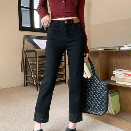 plus size Vintage Stretch Jeans Women's Autumn New chubby girl Small Slim Look High Waist Cropped Straight Pipe Pants