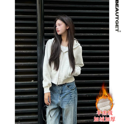 Shandong Jimo Mancaidi Brand American Street Short Double-Ended Zipper Cardigan Hooded Sweatshirt Women's Trendy Hoodie