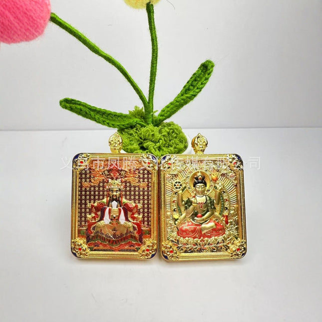 Five-Pronged Protector Square Pendant Buddha Amulet Xizang-Style Brass Gilded Zodiac Year Five-Pronged Protector Jewelry