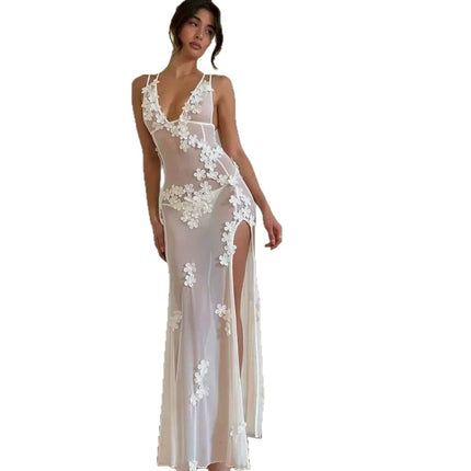 Pure Lust Style Moonlight Beauty White Three-Point Bikini Split Swimsuit with Stereo Flower Lace Fairy Dress