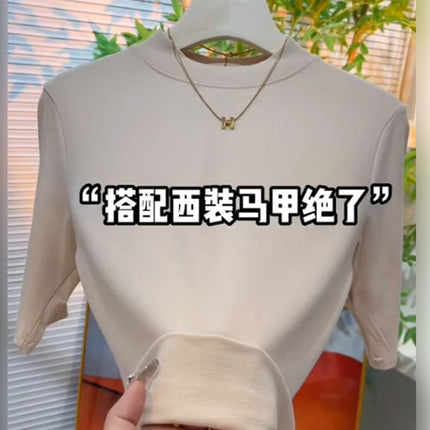 Solid Color Half Turtleneck Elastic Inner Quarter-Sleeved Bottoming Shirt Top for Women Spring New Versatile Slimming Look Elegant T-Shirt