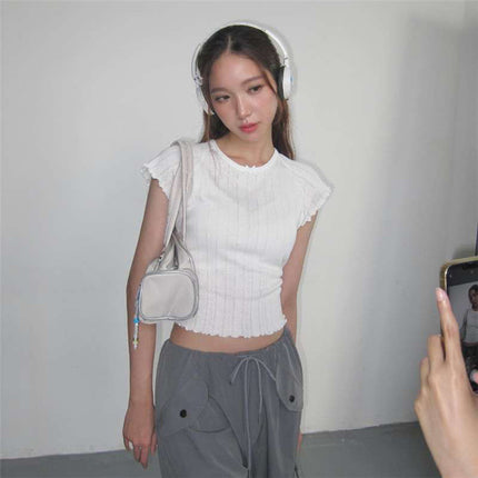 Ins European and American Style 2025 Spring and Summer Women's New Products Sweet Girly Style Pure Color Personalized Round Neck Slim Short-Sleeved T-Shirt for Women
