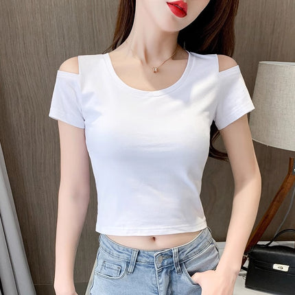 Short-Sleeved T-Shirt Women's Short Crop Top Off-Shoulder 2025 Summer New Tight-Fitting High-Waist Slim Sexy T-Shirt