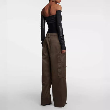 Handsome Neutral Style Fishbone Stitching Slim-Fit Detachable Waist Seal Army Green Loose Wide-Leg Workwear Trousers for Women