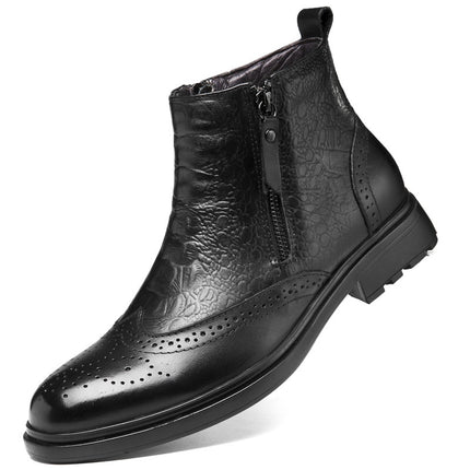 Men's Shoes Business Leather Boots Dress Brock Boots Autumn and Winter High Top Zipper Carved Genuine Leather Casual Men's Boots