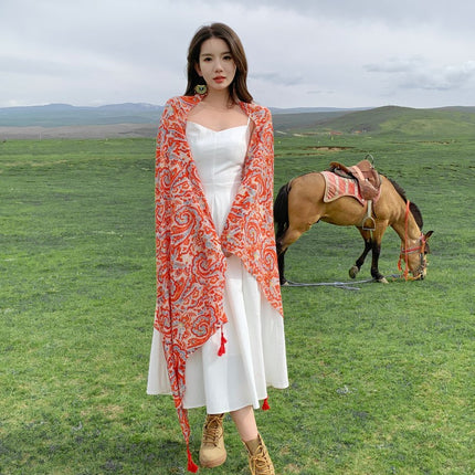 Spring and Autumn Thin Xiangyun Totem Printed Cotton and Linen Handfeel Scarf Ethnic Style Mid-length Travel Sunscreen Beach Towel for Women